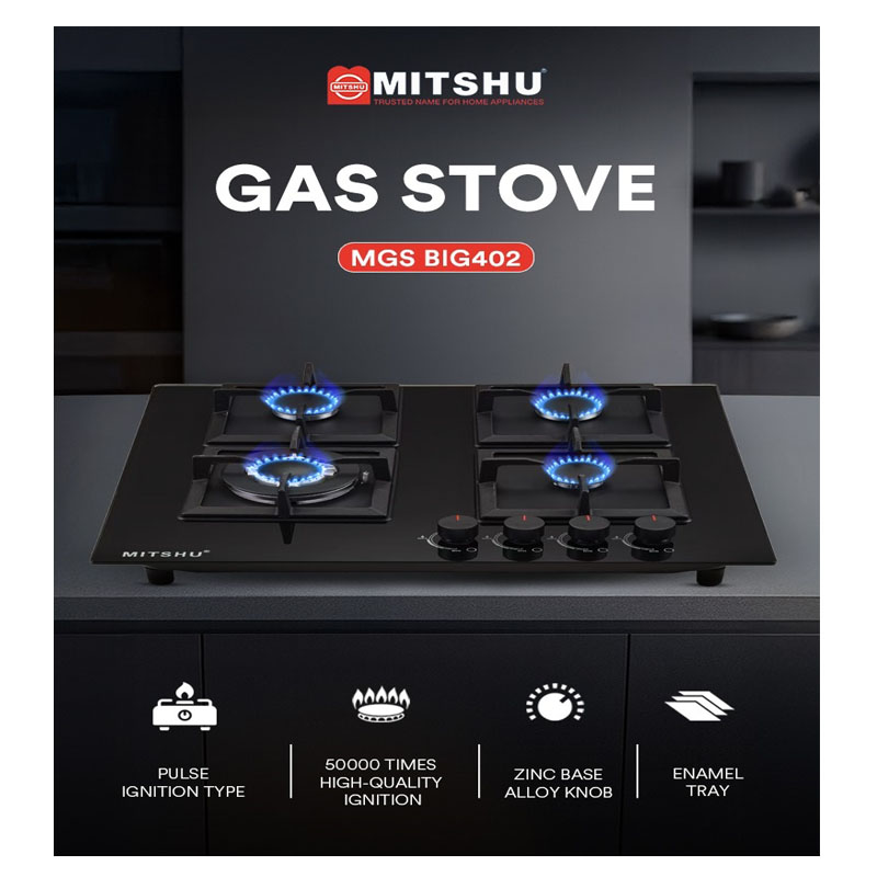 Mitshu 4 Burner Glass Top / Stainless Steel Hob LPG Gas Cooker