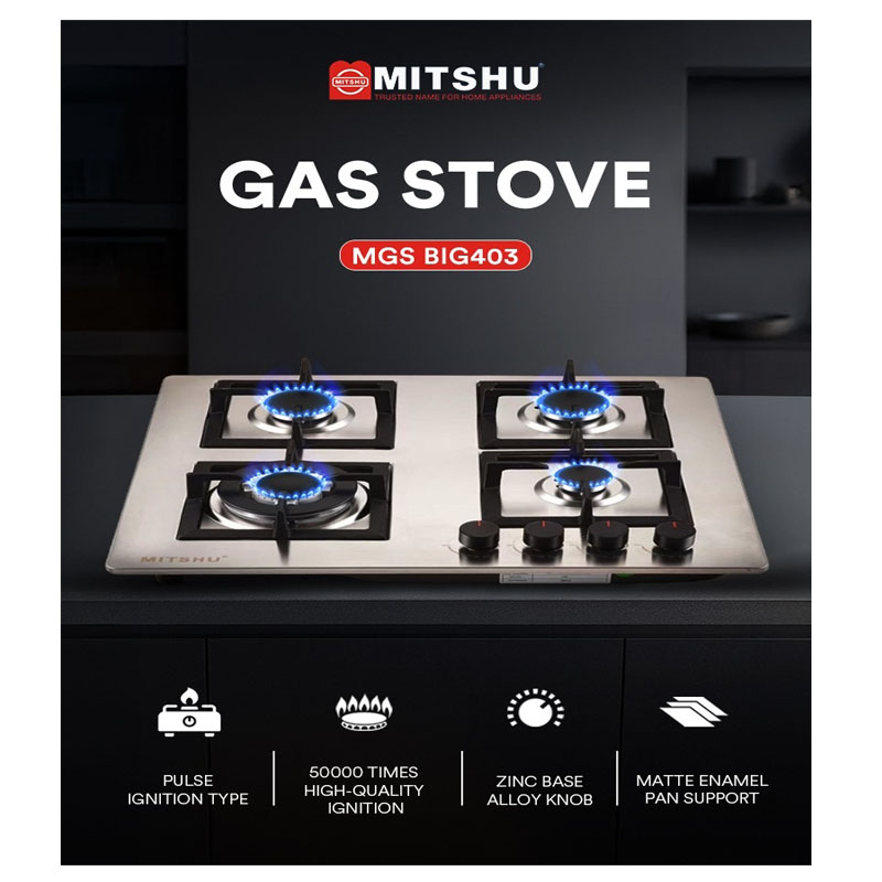 Mitshu 4 Burner Glass Top / Stainless Steel Hob LPG Gas Cooker