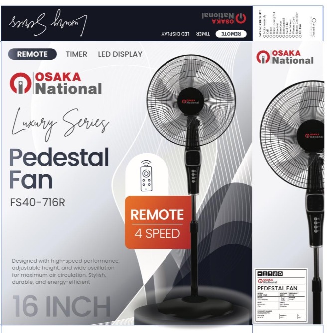 Osaka National 16 Inch Stand Fan with Remote - 5 Blade