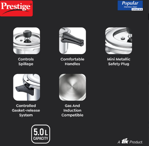 Prestige 5L Popular Stainless Steel Pressure Cooker SVACHH (PCP50-SS-SV)