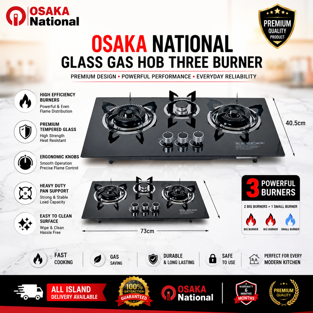 Glass top Gas cooker 3 burner Gas Hob Osaka National