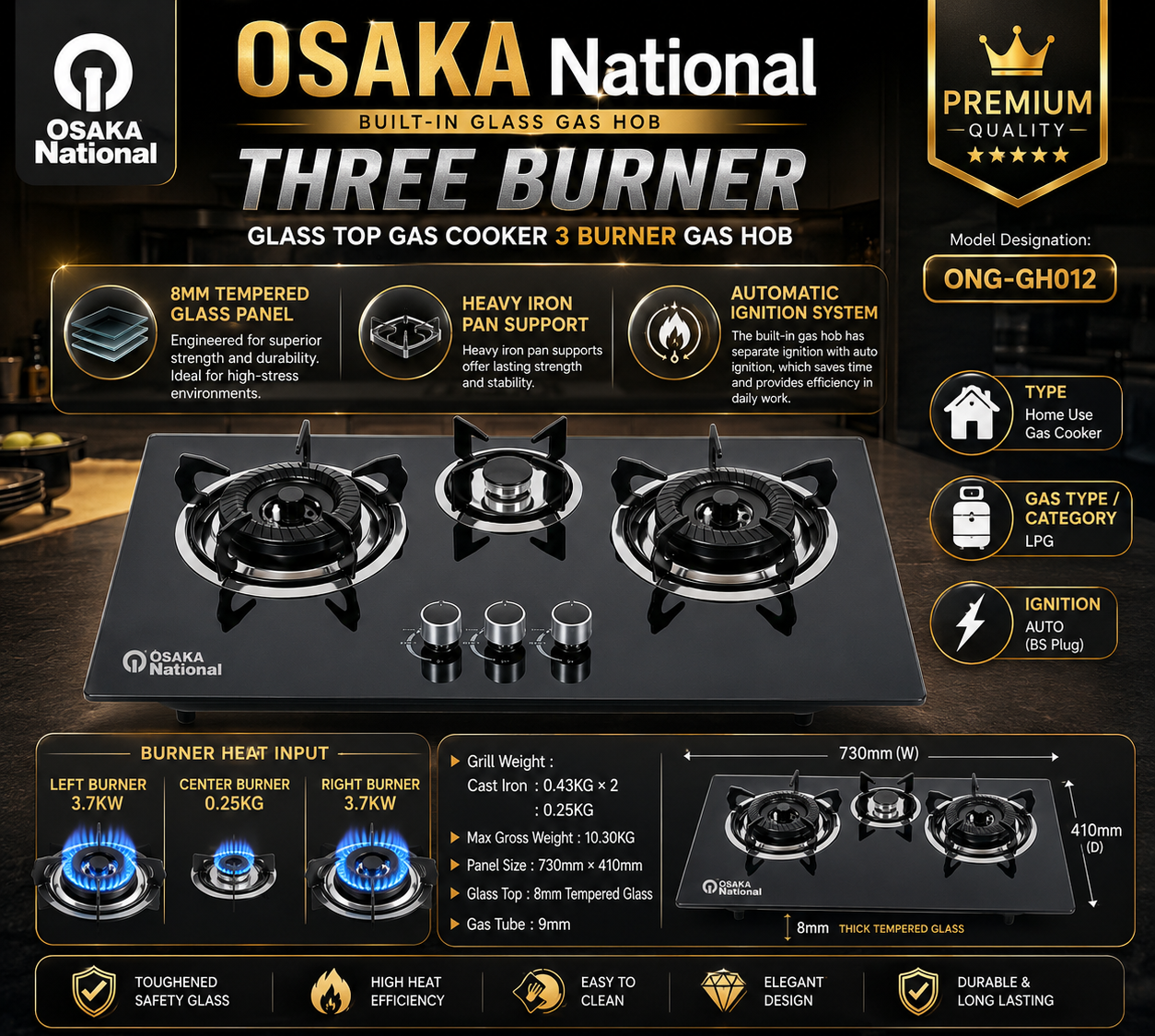 Glass top Gas cooker 3 burner Gas Hob Osaka National