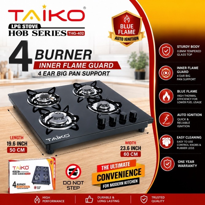Taiko Glass Top 4 Burner Gas Cooker